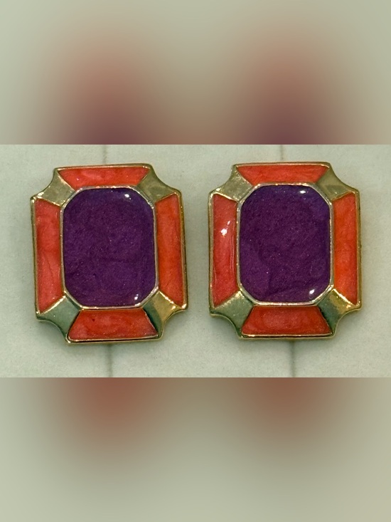 Jewelry - Gold-Tone Purple and Coral Enamel Rectangle Stud Earrings